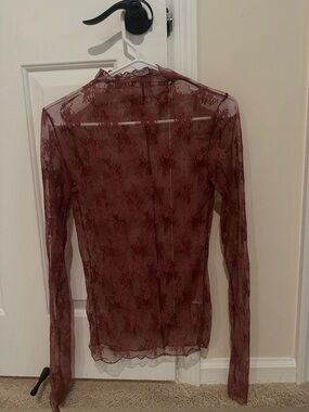 Free People Burgundy Sheer Floral Lace Long-Sleeve Tee